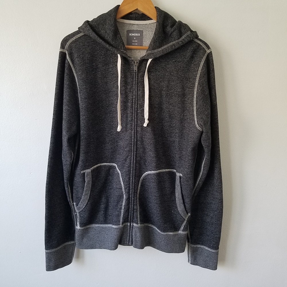 Bonobos Heather Black Full Zip Longsleeve Hooded Raw Seemed Sweater Mens Size M